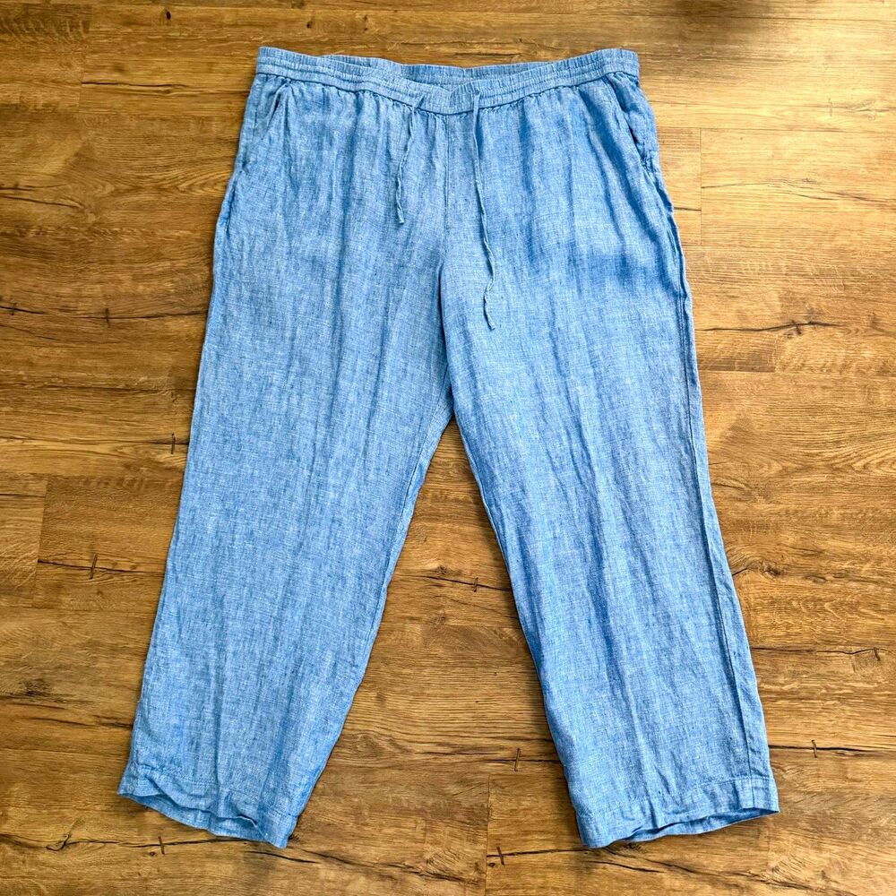 Talbots Womens Linen Pants 22W Blue Drawstring Elastic Waist Pockets Beach
